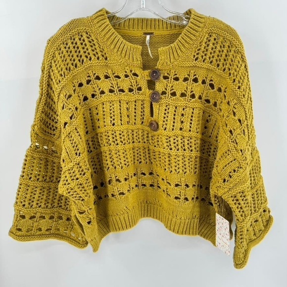 Free People Boho Cropped Sweater Open Knit Dreams Tonight Mustard Yellow Sz L - Picture 1 of 8